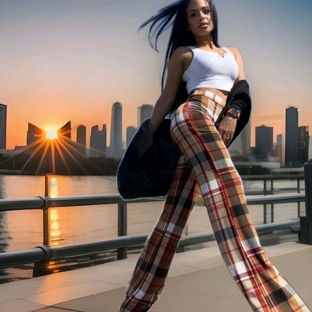 High Waist Plaid Pants 70's Inspired Flares Dense Flowing Fabric, L